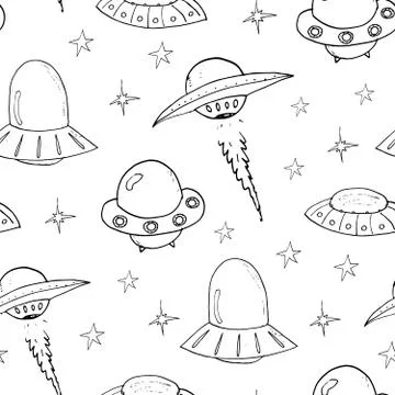 Ufo and aliens Seamless pattern. Cute Doodles space ships sketch. Hand drawn  Stock Illustration