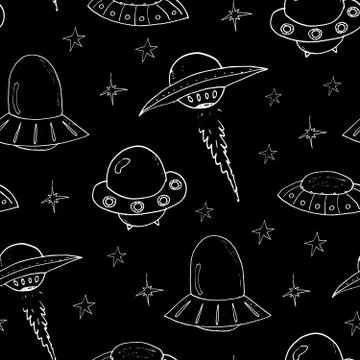 Ufo and aliens Seamless pattern. Cute Doodles space ships sketch. Hand drawn  Stock Illustration