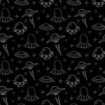 Ufo and aliens Seamless pattern. Cute Doodles space ships sketch. Hand drawn  Stockillustratie