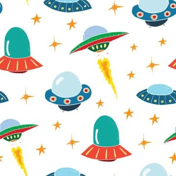 Ufo and aliens Seamless pattern. Cute Doodles space ships sketch. Hand drawn  Stockillustratie