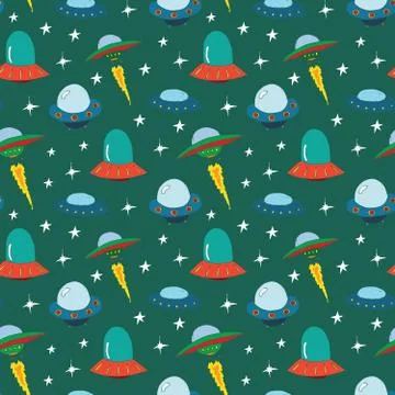 Ufo and aliens Seamless pattern. Cute Doodles space ships sketch. Hand drawn  Stock Illustration