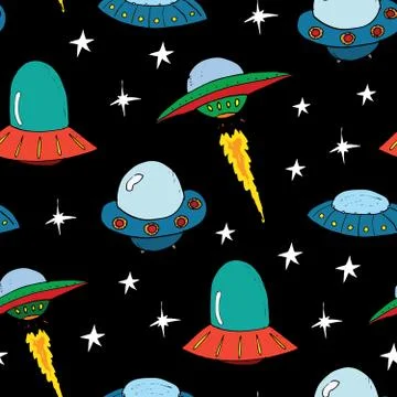 Ufo and aliens Seamless pattern. Cute Doodles space ships sketch. Hand drawn  Stock Illustration