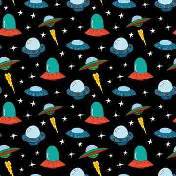 Ufo and aliens Seamless pattern. Cute Doodles space ships sketch. Hand drawn  Stock Illustration