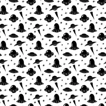 Ufo and aliens Seamless pattern. Cute Doodles space ships sketch. Hand drawn  Stock Illustration