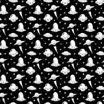 Ufo and aliens Seamless pattern. Cute Doodles space ships sketch. Hand drawn  Stock Illustration