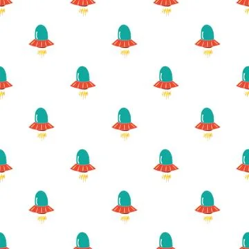 Ufo and aliens Seamless pattern. Cute Doodles space ships sketch. Hand drawn  Stock Illustration