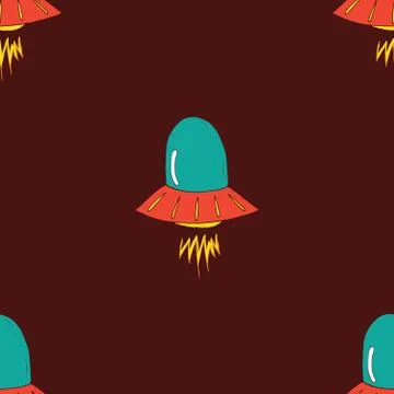 Ufo and aliens Seamless pattern. Cute Doodles space ships sketch. Hand drawn  Stock Illustration
