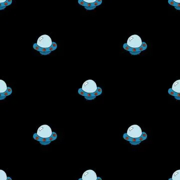 Ufo and aliens Seamless pattern. Cute Doodles space ships sketch. Hand drawn  Stock Illustration