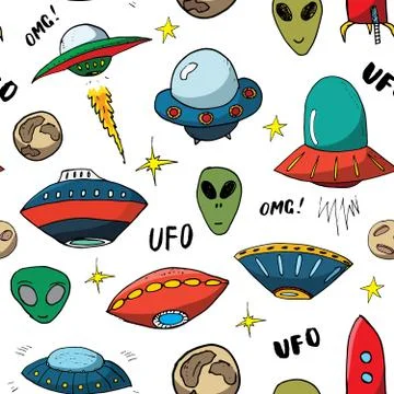 Ufo and aliens Seamless pattern. Cute Doodles space ships sketch. Hand drawn  Stock Illustration