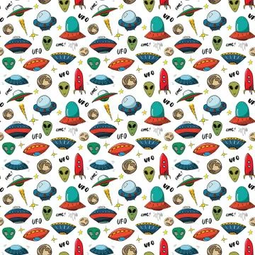 Ufo and aliens Seamless pattern. Cute Doodles space ships sketch. Hand drawn  Stock Illustration
