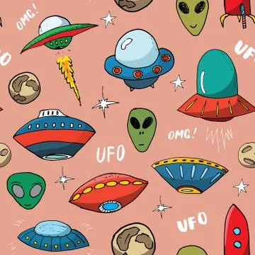 Ufo and aliens Seamless pattern. Cute Doodles space ships sketch. Hand drawn  Stock Illustration