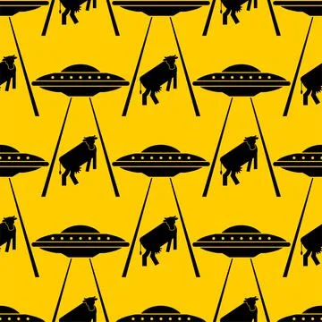Ufo and cow pattern seamless. Alien flying saucer and cows background. Concep 스톡 일러스트