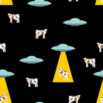 Ufo and cow pattern seamless. Alien flying saucer and cows background. Concep イラスト素材