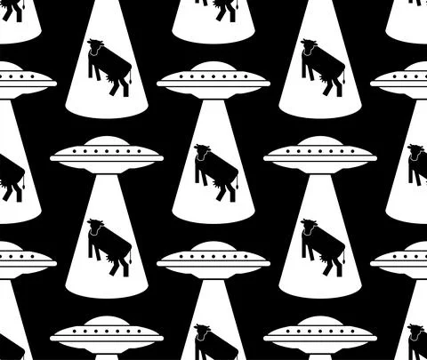 Ufo and cow pattern seamless. Alien flying saucer and cows background. Concep Stockillustratie