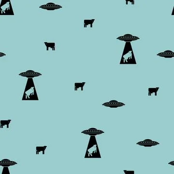 Ufo and cow pattern seamless. Alien flying saucer and cows background. Concep イラスト素材
