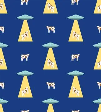 Ufo and cow pattern seamless. Alien flying saucer and cows background. Concep イラスト素材