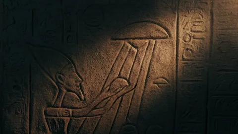 UFO And Pharoah Egyptian Carving In Torch Light Stock Footage