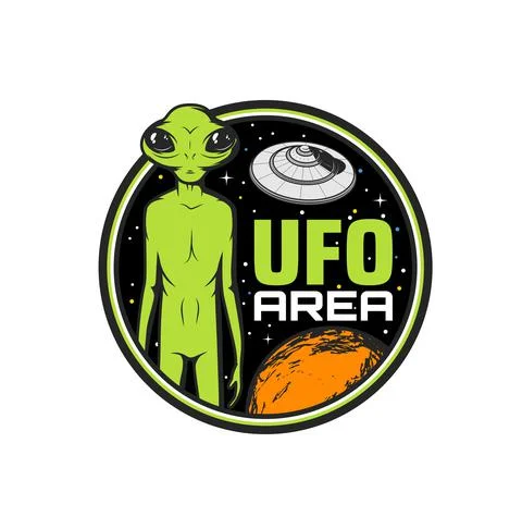 UFO area icon, alien and saucer with space planets Stock Illustration