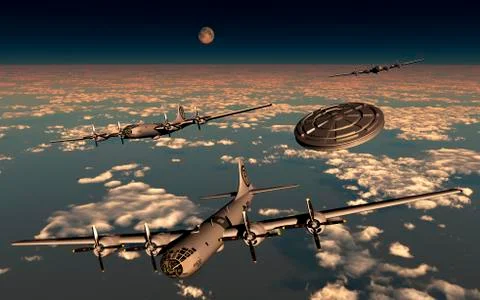 A UFO buzzing a group of B-29 Superfortress aircraft. Stock Illustration