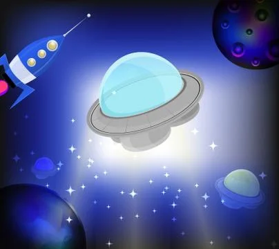 Ufo on cosmic bright background Stock Illustration