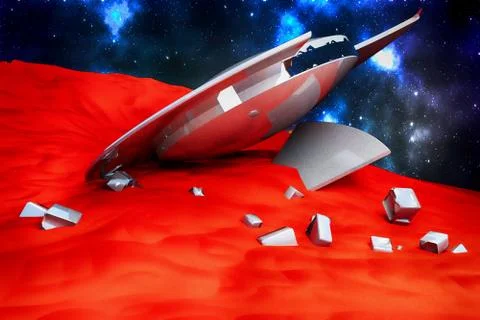 UFO crashed on the surface of a red planet Stock Photos