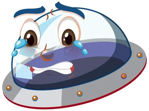 Ufo with crying face expression on white background Stock Illustration