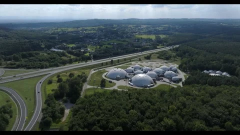 UFO-Like Dome Complex Against Highway Backdrop Stock Footage 285539701