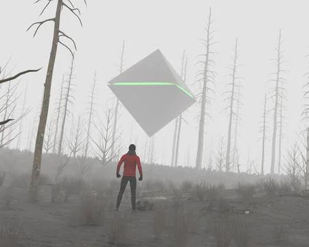 UFO encounter in a bleak forest Stock Illustration