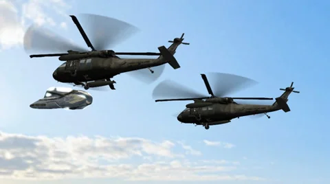 Ufo sighting. Military helicopters escor... | Stock Video | Pond5