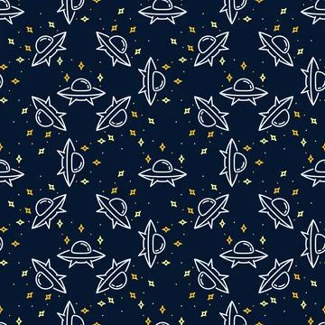 UFO Extraterrestrial Spacecraft vector colored linear seamless pattern Stock Illustration