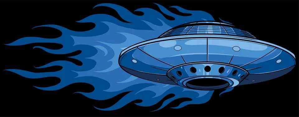 Ufo with flames on black background. vector illustration design Illustrazione stock