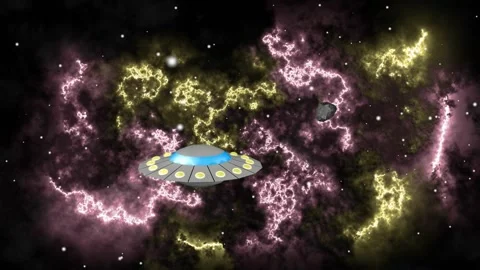 UFO flight in the vastness of space, an asteroid flies past, the Milky Way. Stock Footage 287099338