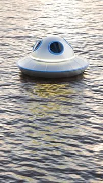 UFO Floating on Water with Sunset Reflection, 3D render in 8K Stock Photos
