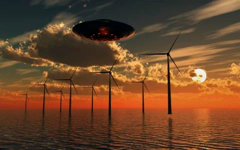 A UFO flying above an ocean wind farm at sunset. Stock Illustration