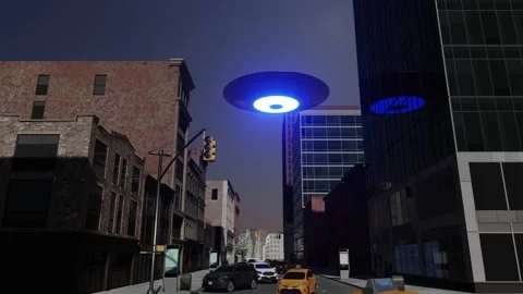 UFO flying over an empty city street Stock Footage 197082575