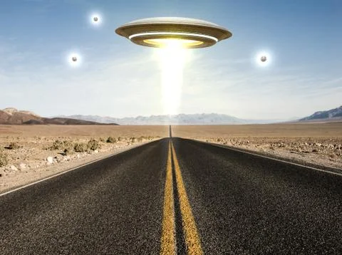 Ufo flying over an empty desert road Ilustração Stock
