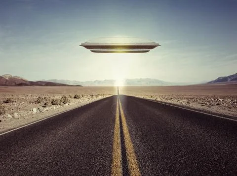 Ufo flying over an empty desert road Stock Illustration