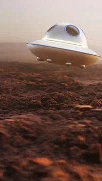 UFO Flying Over Mars Rocky Surface, 3D render in 8K Ilustración de archivo