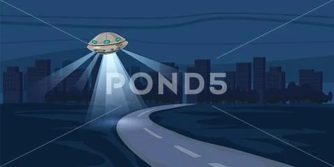 UFO flying over night city, metropolis, houses, skyscrapers, expensive, vector Stock Illustration