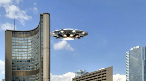Ufo flying over skyscraper 스톡 동영상 36607047