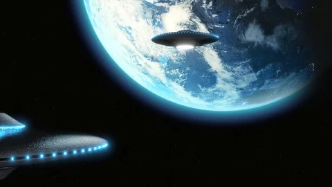 UFO Flying saucer alien invasion over earth, hundreds of space craft swarm Stock Footage
