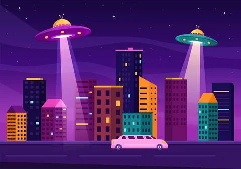 UFO Flying Spaceship with Rays of Light in Sky Night City View and Alien in F Stock Illustration