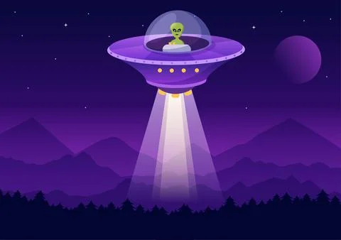 UFO Flying Spaceship with Rays of Light in Sky Night City View and Alien in F Stock Illustration