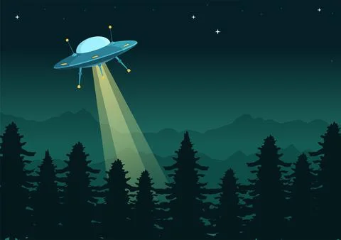 UFO Flying Spaceship with Rays of Light in Sky Night City View and Alien in F Stock Illustration