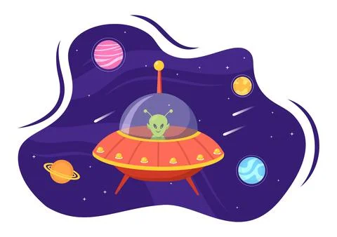 UFO Flying Spaceship with Rays of Light in Sky Night City View and Alien in F Stock Illustration