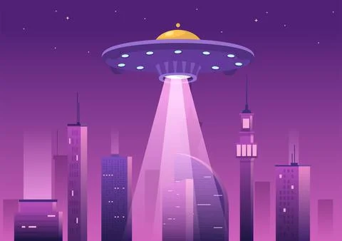 UFO Flying Spaceship with Rays of Light in Sky Night City View and Alien in F Stock Illustration