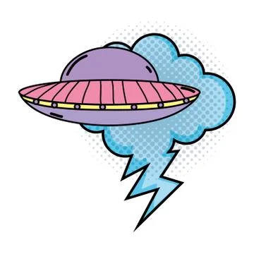 Ufo flying with speech bubble pop art style Stock Illustration