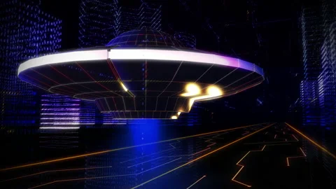 UFO From the Future is Quickly Gliding Through the Digital City in Virtual World Stock Footage 221299350
