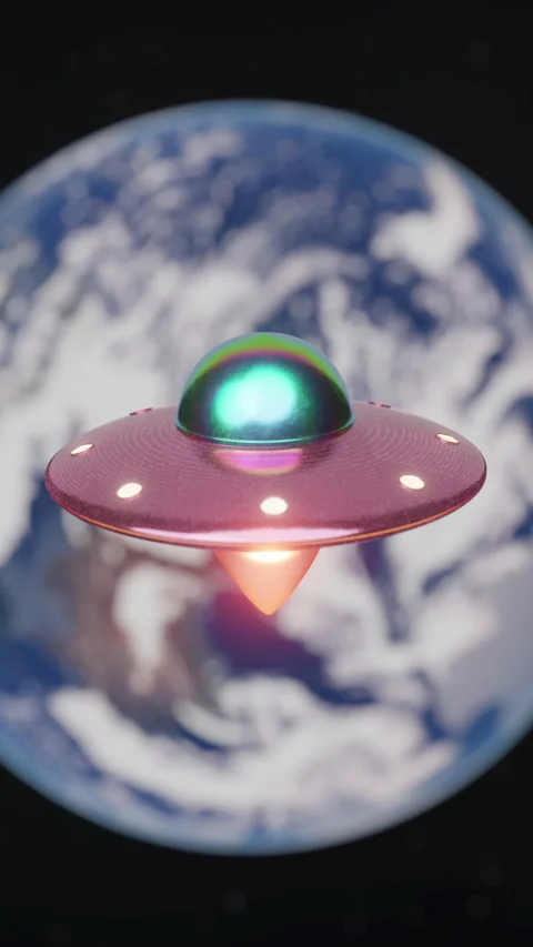 UFO hovering above Earth with glowing lights Stock Footage 312815022