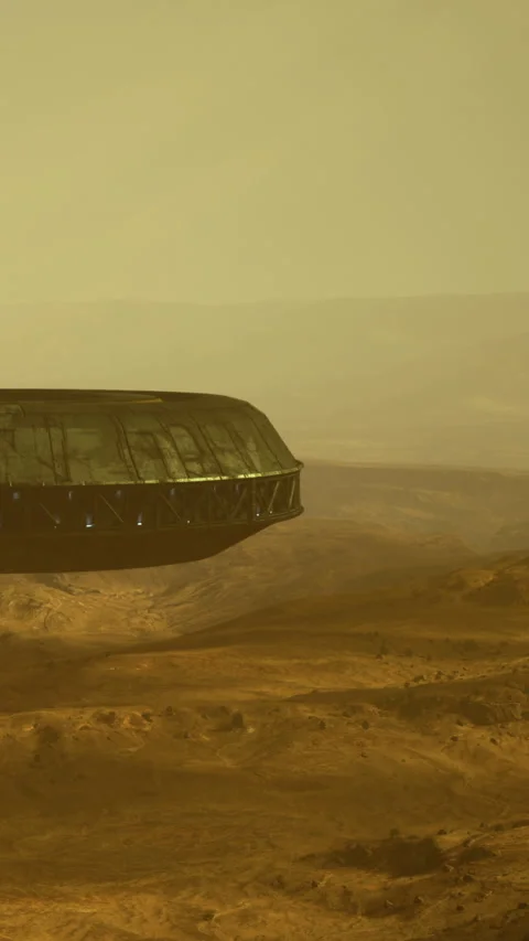 UFO hovering above red landscape on Mars during daytime in a distant future Stock Footage 334175800